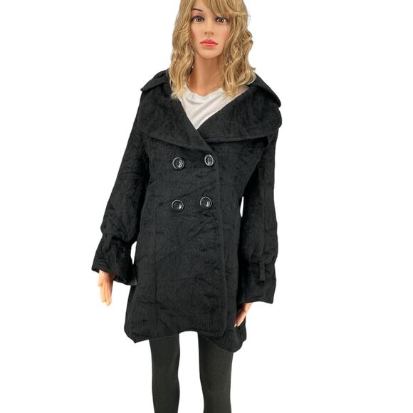 Vintage Black Alpaca Wool Double Breasted Peacoat Small 1970s Chunky Button - Picture 1 of 5